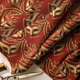 Tecido Mascarada Pattern Miçanga Mask Red Dourado ID1031