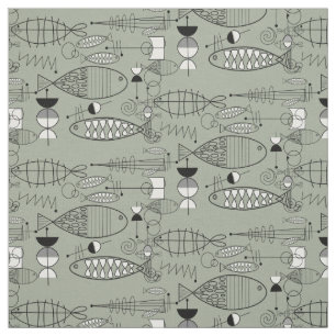 Tecido Médio Century Fish Art Black White Green