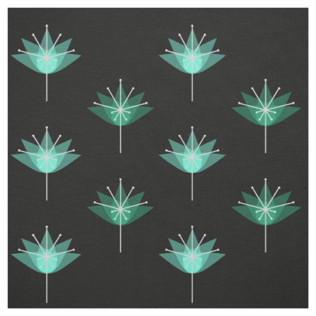 Tecido Meio século Flores Modernas Turquesa Negra (Modelo)
