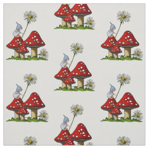 Tecido Menina tirada mão em Toadstools, arte do gnomo da