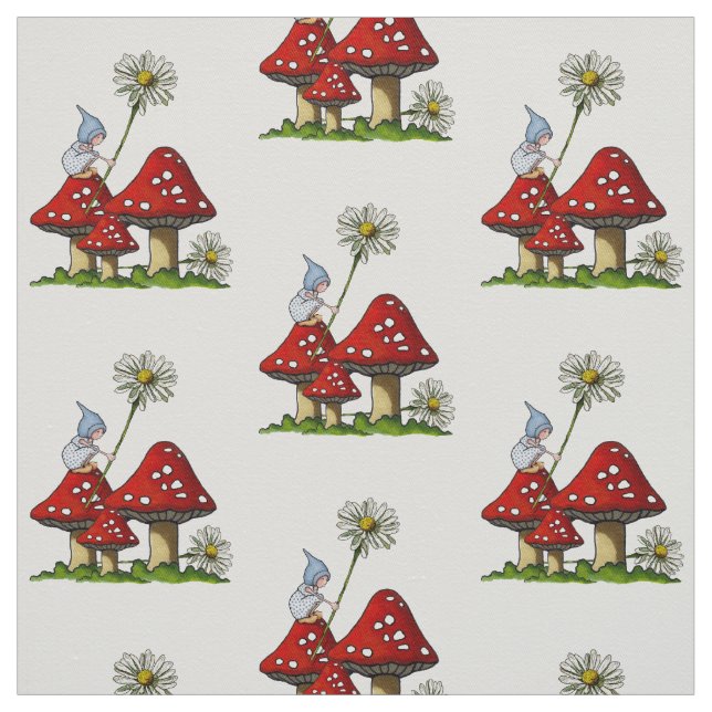 Tecido Menina tirada mão em Toadstools, arte do gnomo da (Modelo)