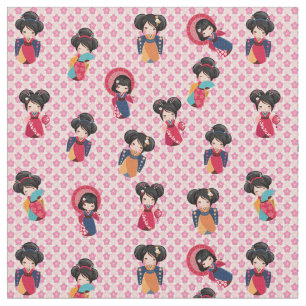 Tecido Meninas japonesas em Kimonos em Sakura rosa