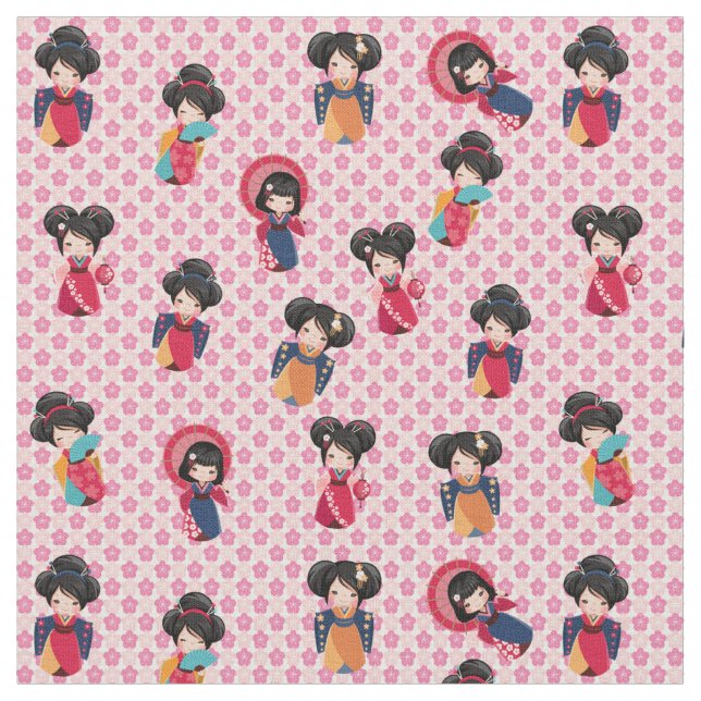 Tecido Meninas japonesas em Kimonos em Sakura rosa (Detalhe)