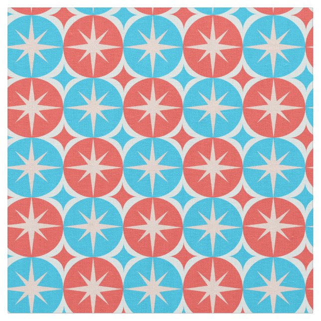 Tecido Mid Century Atomic Starbursts on Blue Red Circles (Detalhe)