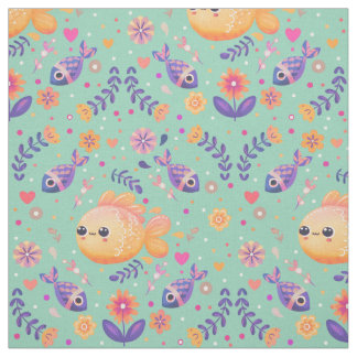 Tecido Mint Kawaii Goldfish Sea Garden Pattern