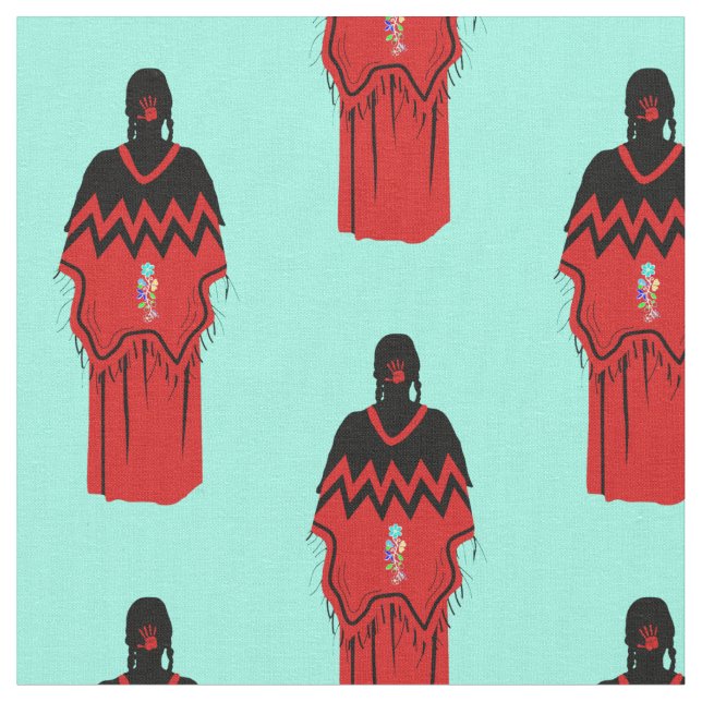 Tecido MMIW Kwe com Turquesa de Padrão de Mão Vermelha (Detalhe)