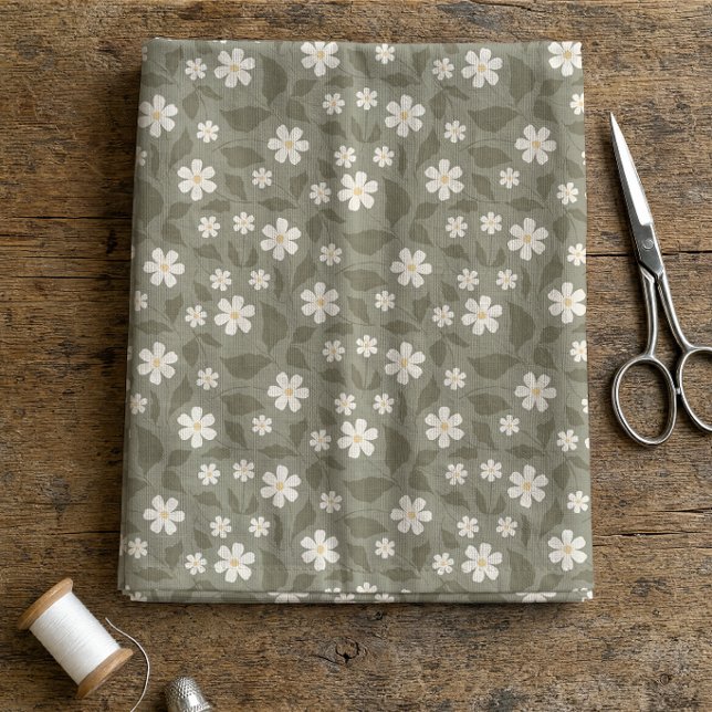 Tecido Modern Farmhouse Daisy Tons de Oliva Suaves e Terr (Modern Farmhouse Sweet Daisy muted green fabric by Erica MacDonald.)