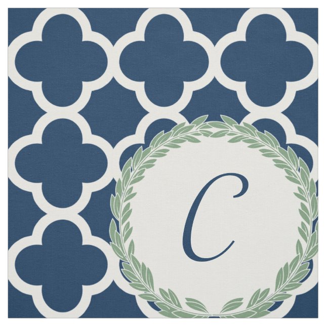 Tecido Monograma - Letra Azul com Quatrefoil Verde (Modelo)