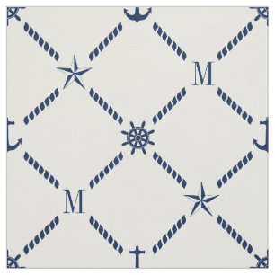 Tecido Monograma náutico branco e azul