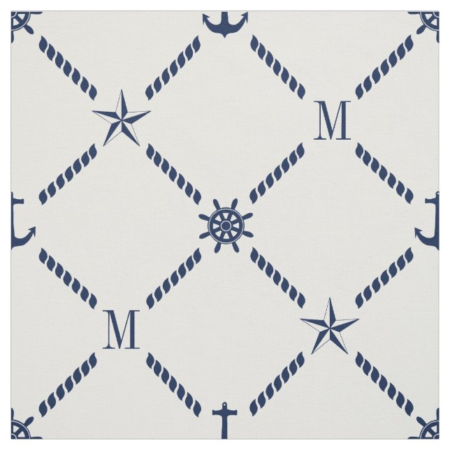 Tecido Monograma náutico branco e azul (Modelo)