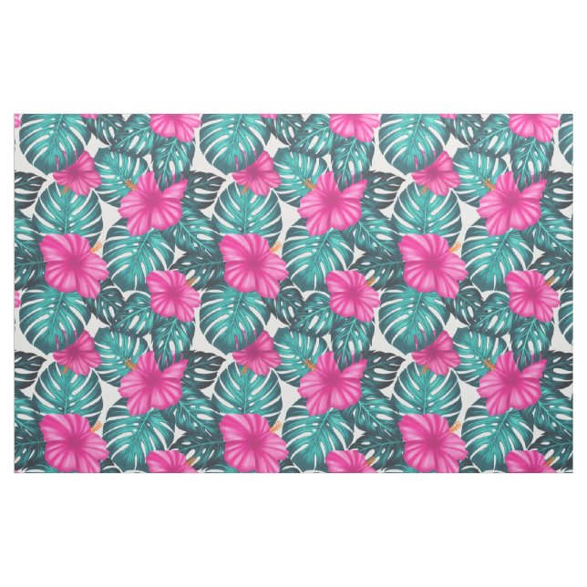 Tecido Monstera Leaves e Hibiscus, Rosa Teal em Branco (Fat Quarter)