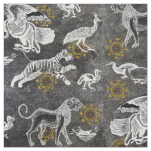 Tecido Mosaico Elegante com Leão, Tigre, Águia, Pavão