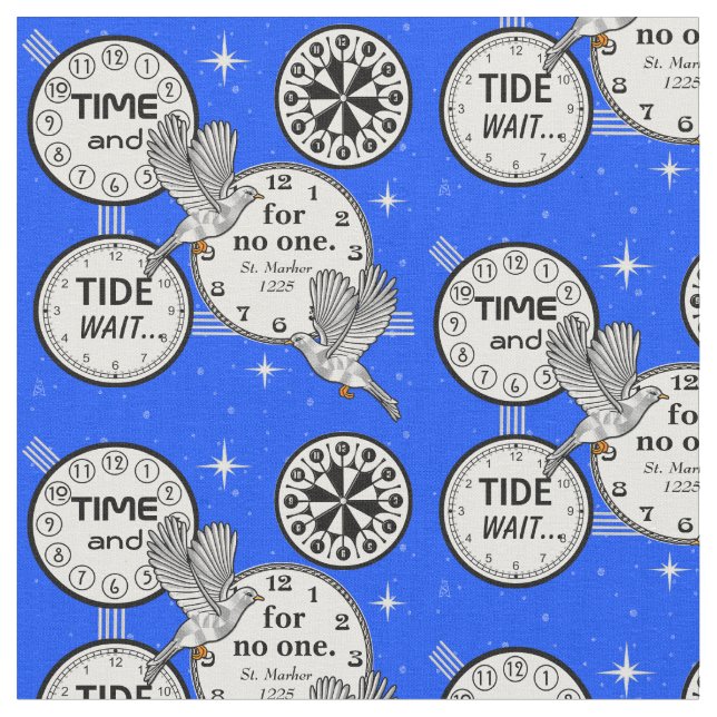 Tecido Moscas-do-tempo - Pássaros e Relógios - Azul brilh (Detalhe)