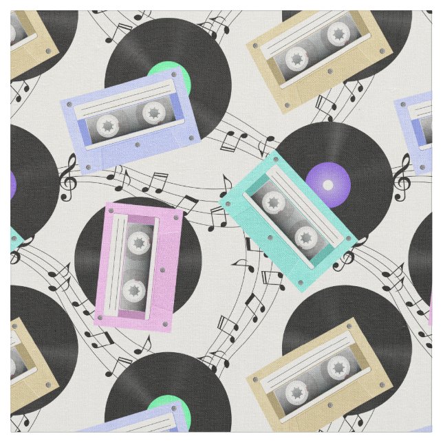 Tecido Music Vinyl Records e Cassette Tapes (Detalhe)