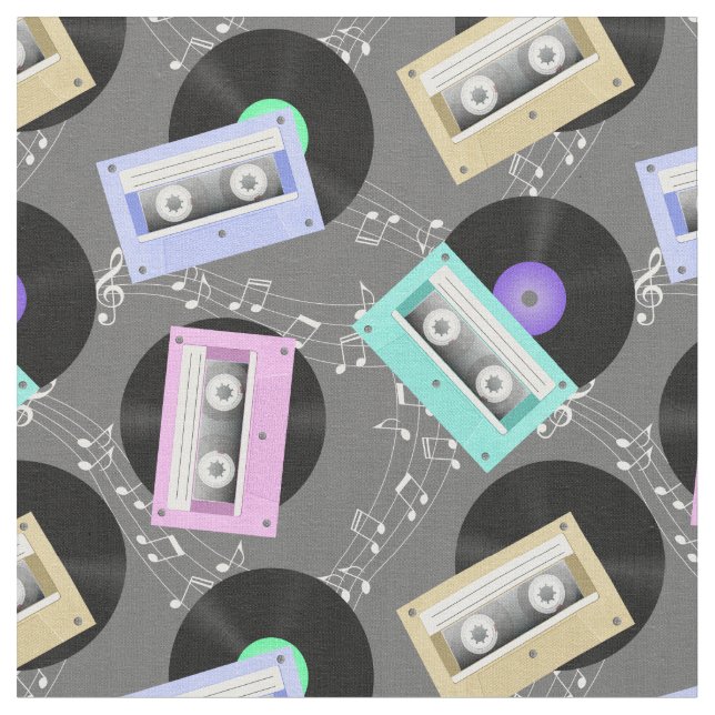 Tecido Music Vinyl Records e Cassette Tapes (Detalhe)