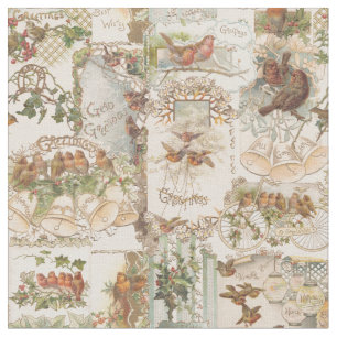 Tecido Natais vintages festivos Ephemera de aves e flores
