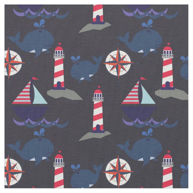 Tecido Nautical | Baleias, Faróis, Barcos à vela (Detalhe)