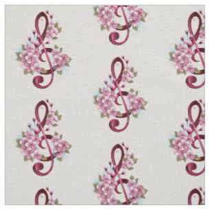 Tecido Notas de clave de sol musical com flores de Sakura