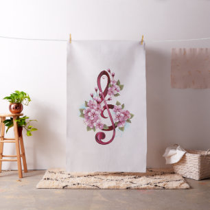 Tecido Notas de clave de trecho musical com flores de Sak