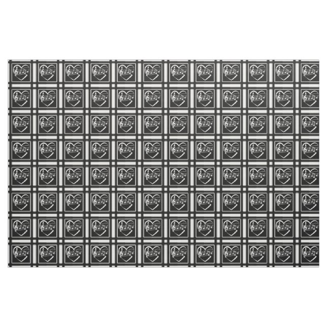 Tecido Notas de música em preto e branco Corações e faixa (Fat Quarter)