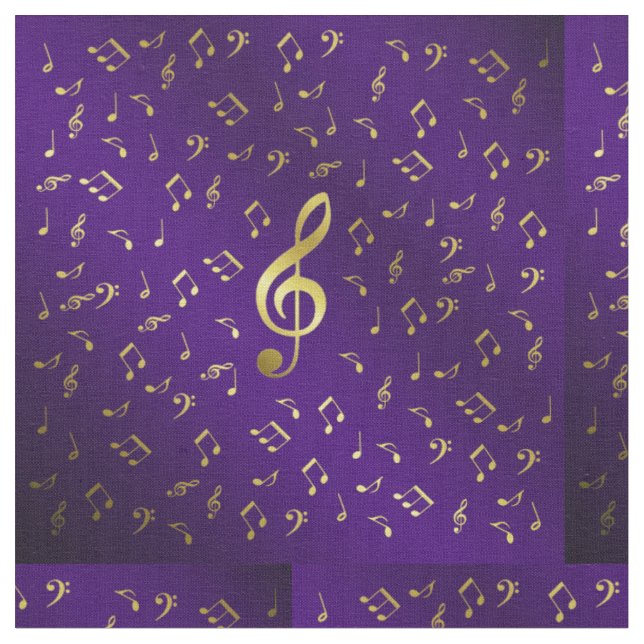 Tecido notas musicais douradas em roxo (Detalhe)