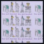 Tecido Nova Iorque NYC Chanukah Hanukkah<br><div class="desc">Tecido apresenta vários prédios de Nova Iorque e marcos "vestidos" para as férias,  com NEW YORK HANUKKAH em uma fonte roxa. Criado de uma ilustração original de caneta e tinta.</div>