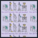 Tecido Nova Iorque NYC Chanukah Hanukkah<br><div class="desc">Tecido apresenta vários prédios de Nova Iorque e marcos "vestidos" para as férias,  com NEW YORK HANUKKAH em uma fonte roxa. Criado de uma ilustração original de caneta e tinta.</div>