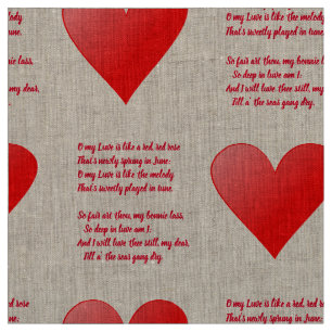 Tecido O amor é como um poema e um coração de rosa vermel