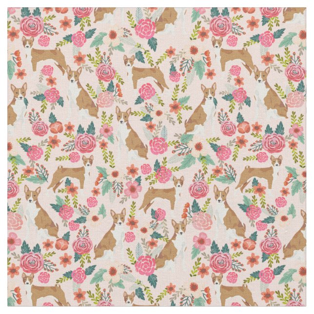 Tecido O cão Basenji vintage floresce rosa (Detalhe)