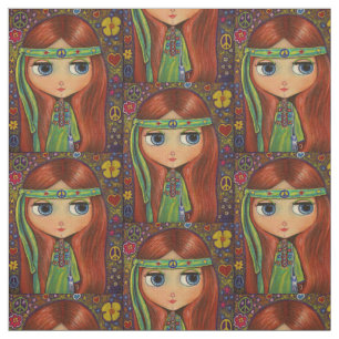 Tecido O sinal de paz verde da menina do Hippie floresce