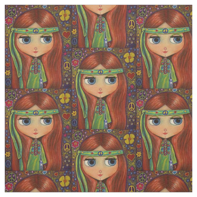 Tecido O sinal de paz verde da menina do Hippie floresce (Modelo)