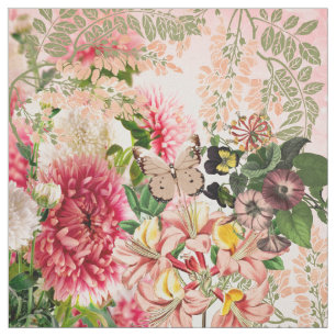 Tecido O verde cor-de-rosa do vintage floresce a