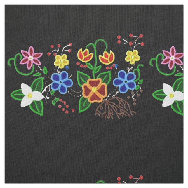 Tecido Ojibwe Floral Design com Fundo Preto (Modelo)