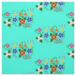 Tecido Ojibwe Floral Design com Fundo Turquesa