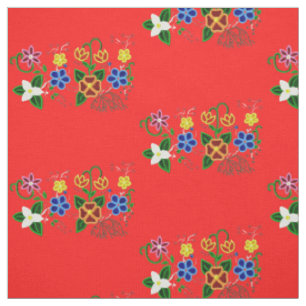 Tecido Ojibwe Floral Design com Fundo Vermelho