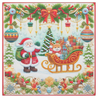 Tecido Olhar de Bordado de Natal Colorido com Papai Noel