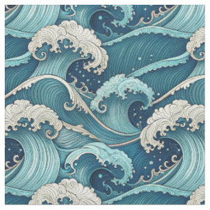 Tecido Ondas do Oceano Azul Padrão Tropical de Verão Japo