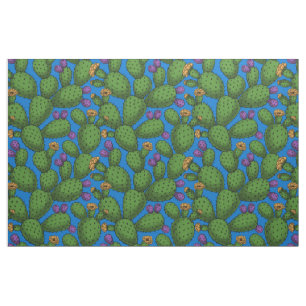 Tecido Opuntia florescente em azul