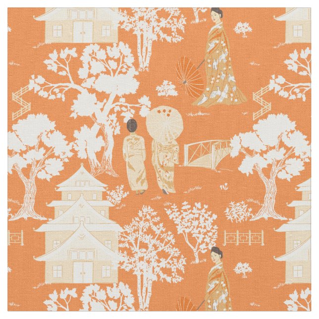 Tecido Orange Chinoiserie Pagodas (Detalhe)