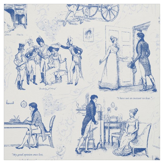 Tecido Orgulho e Preconceito do Toile Branco Azul (Modelo)