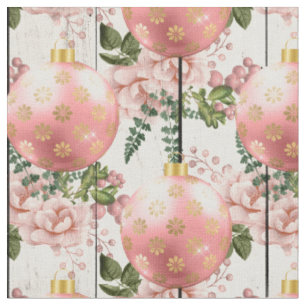 Tecido Ornamentos e flores de árvores de Natal rosa na m