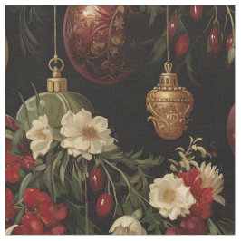 Tecido Ornamentos Florais de Natal em Preto