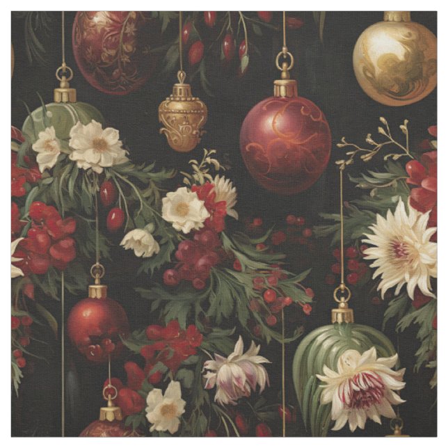 Tecido Ornamentos Florais de Natal em Preto (Modelo)