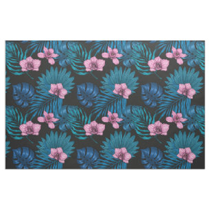 Tecido Orquídeas e palmeiras, cor-de-rosa e azul sobre pr