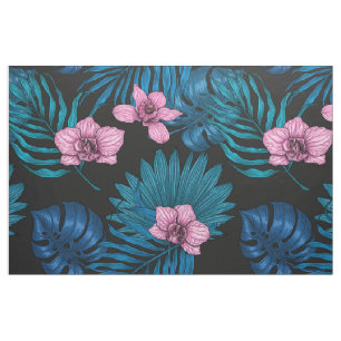 Tecido Orquídeas e palmeiras, cor-de-rosa e azul sobre pr