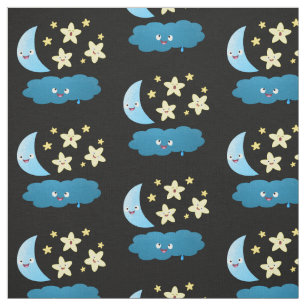 Tecido Ótimas estrelas cantoras, lua e desenhos em nuvem