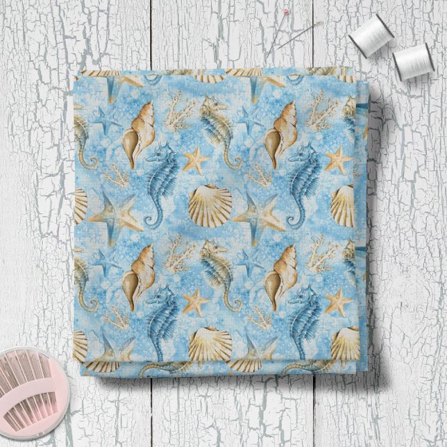 Tecido Padrão Azul-Aquacavalos-do-mar (Blue Watercolor Seahorses Starfish Pattern Fabric -- Chose from 7 fabric types!)