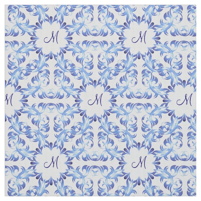 Tecido padrão azul damasco. monograma. (Modelo)