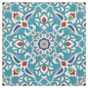 Tecido Padrão Azulejo Branco Azulejo Vermelho Azul