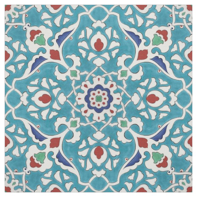 Tecido Padrão Azulejo Branco Azulejo Vermelho Azul (Modelo)